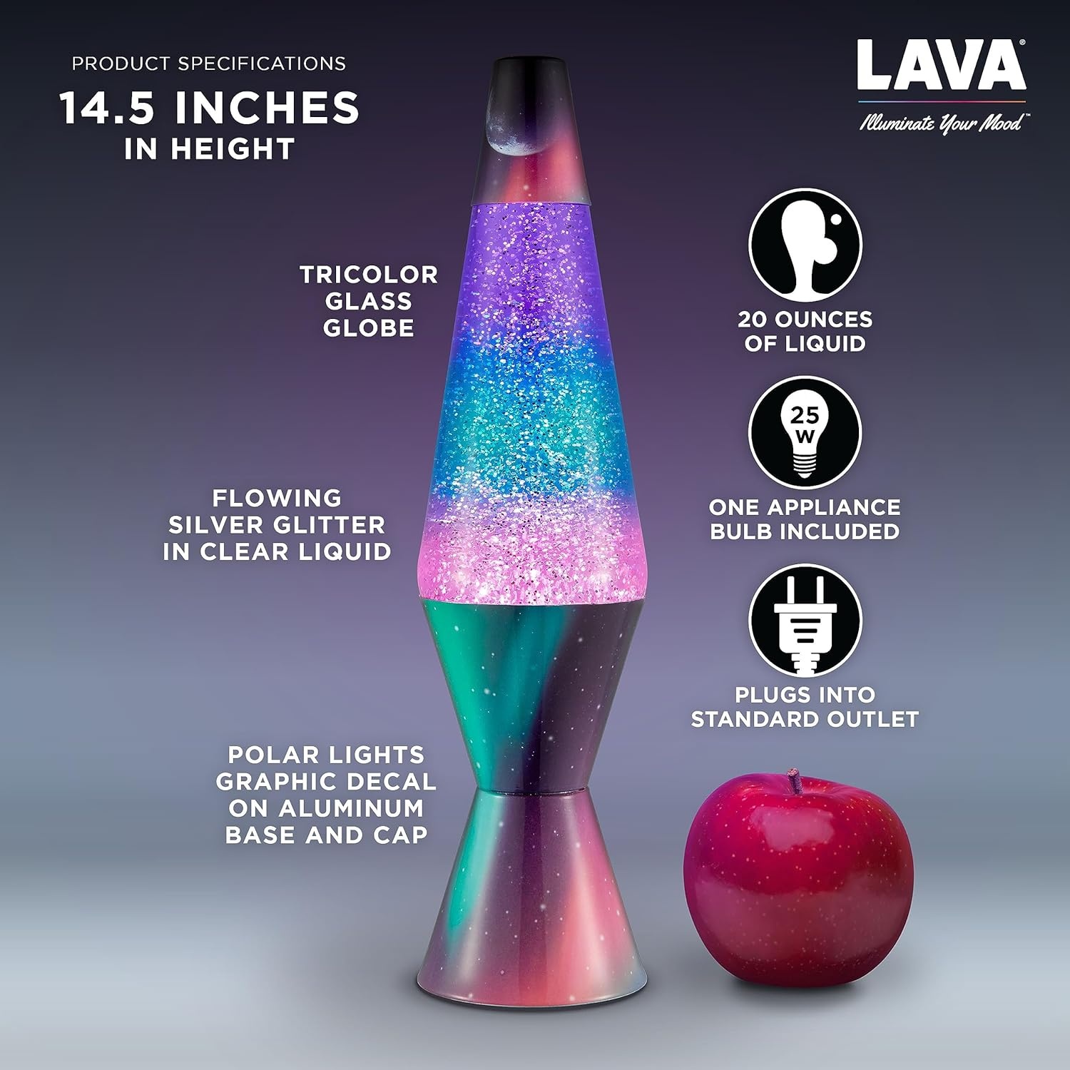Lava Lamp - 14.5" Polar Glimmer - The Original Motion Light - Silver Glitter, Multicolor Base And Globe - Item #2048 - Image 3