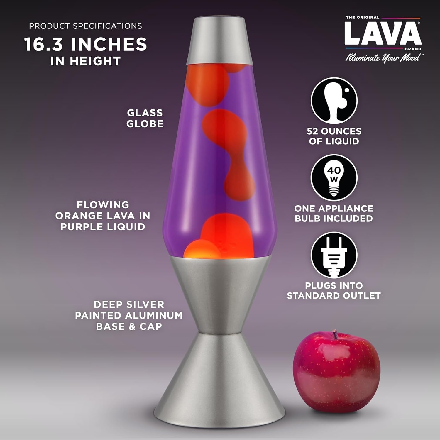 The Original Lava Lamp - Large 52Oz 16.3" - Vivid Twilight - Classic Liquid Motion Lamp - Orange Lava And Purple Liquid - Item #5119 - Image 3