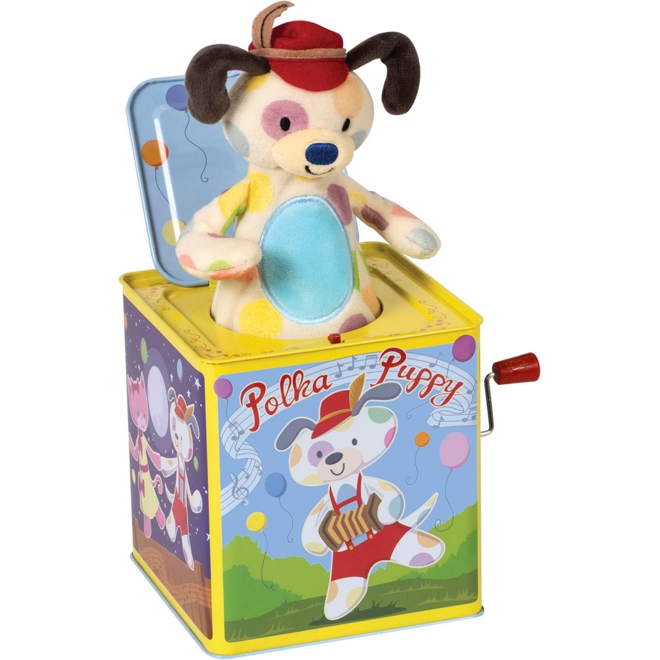 Schylling Polka Puppy Jack In The Box - Classic Children's Musical Toy That Dances - Colorful Embossed Tin Box And Lovable Puppy Plush - Age 18 Months And Up