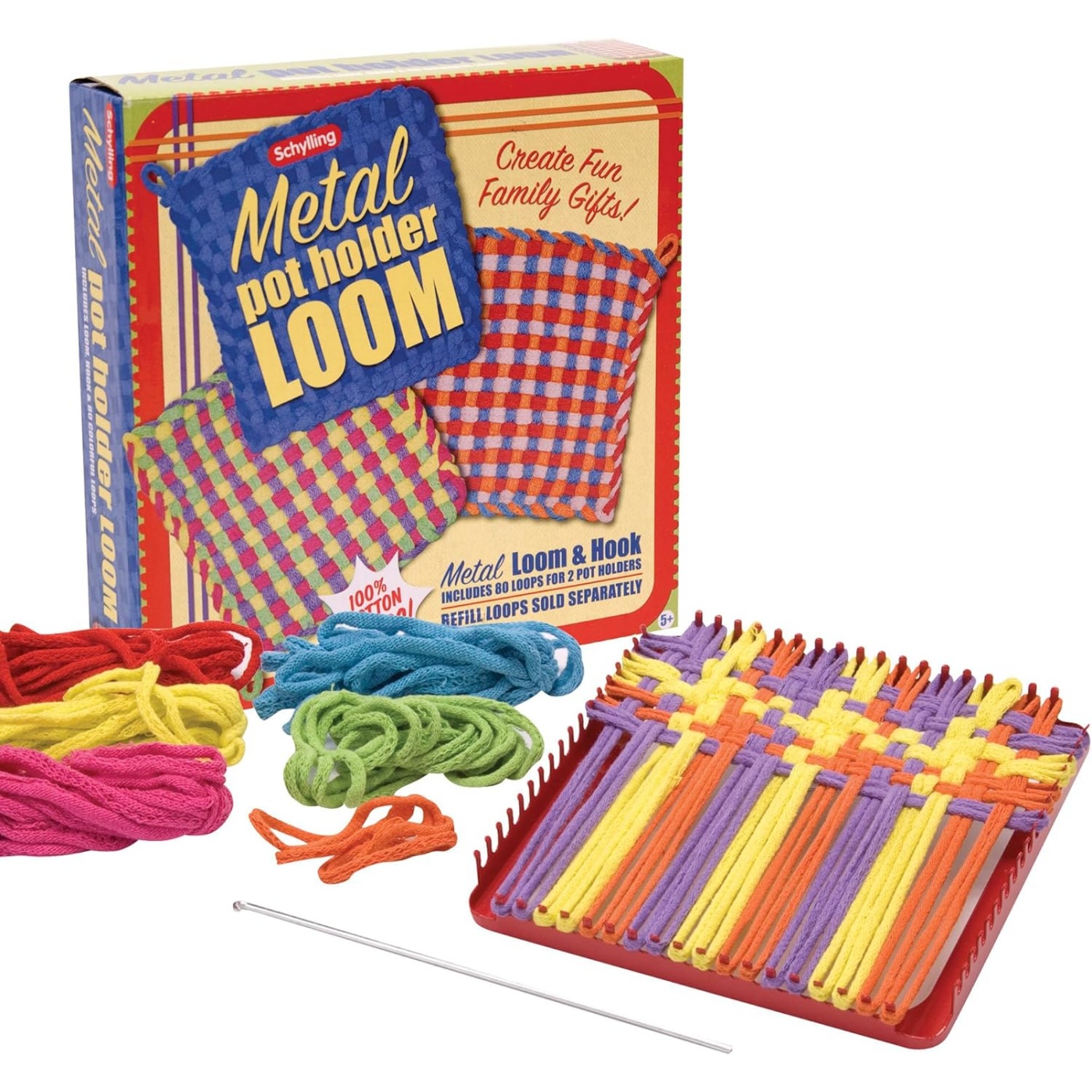 Schylling Metal Pot Holder Loom Kit - Classic Durable Weaving Frame To Make Pot Holders - Includes Loom, Hook, Instructions, And 80 Colorful Cotton Loops - Ages 5 And Up