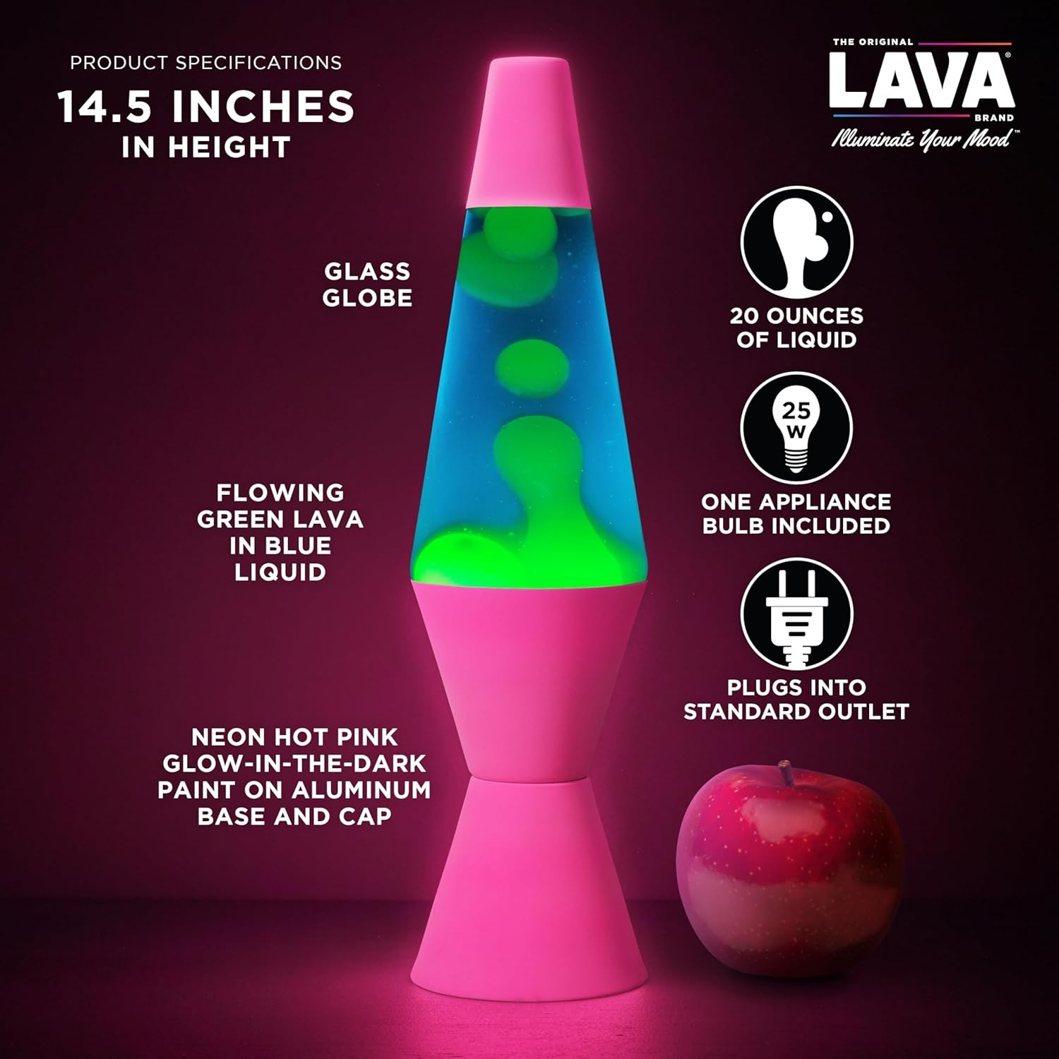 Lava The Original Lamp - 14.5" Neon Pink - Classic Liquid Motion Lamp - Green/Yellow And Blue Liquid - Item #2383 - Image 3
